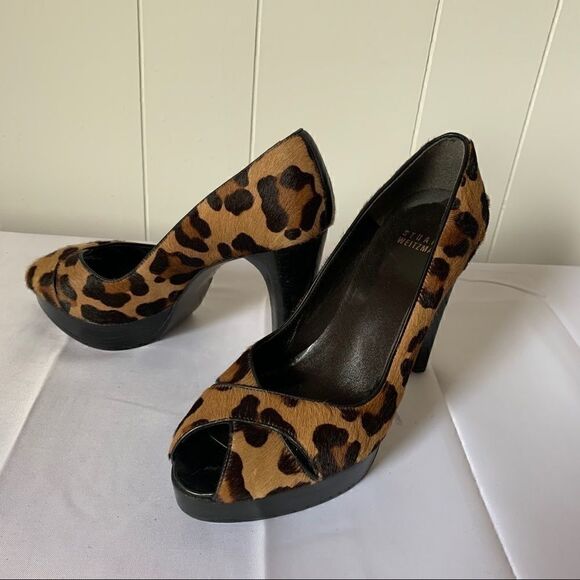 Stuart Weitzman Leopard Print Pumps Peep Toe - Picture 2 of 11